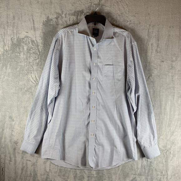 Jos‎ A Bank Mens Shirt Traveler Button Up Tailored Fit 17 36 Blue White Plaid - Picture 1 of 7